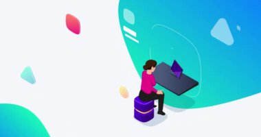 Uygulama Geliştirme. Kadın programcının kod yazıp dijital ürün ürettiği afiş. Yazılım geliştirme. İniş sayfası veya web sitesi tasarımı. Isometric 3D canlandırmalı grafikler