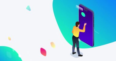 Uygulama Geliştirme. Büyük akıllı telefonun yanında dijital ürün yaratıp test eden bir erkek programcıyla afiş hazırlamak. İniş sayfası veya web sitesi tasarımı. Isometric 3D canlandırmalı grafikler