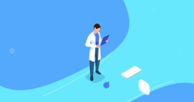 Tıbbi servis. Doktorun laboratuvarda tıbbi araştırma yürüttüğü afiş. Hastalıkların teşhisi ve tedavisi için numunelerin analizi. İniş sayfası tasarımı. Isometric 3D canlandırmalı grafikler