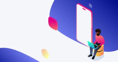 Web sitesi Arayüz Geliştirmesi. Dijital ürünün kullanıcı arayüzünü test eden bir erkek programcı afişi. Hataları ve hataları kodla düzeltiyorum. İniş sayfası tasarımı. Isometric 3D canlandırmalı grafikler