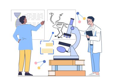 Biyoloji bilimadamları. Mikroskop ile tıbbi üniformalı iki adam. Laboratuvarda bilimsel araştırma. Hücre yapısı araştırması. Bilim ve tıp. Doğrusal vektör çizimi