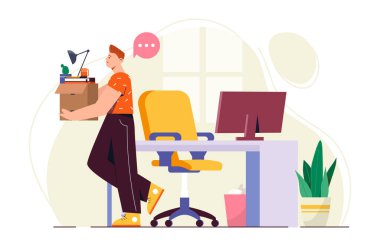 İşten çıkarma adamı konsepti. Ofisinde bir şeyler olan karton kutulu genç adam. Çalışan ya da çalışan ofisi terk ediyor. İşsizlik ve iflasın eşiğinde. Başarısızlık ve sorun. Düz vektör illüstrasyonu