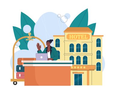 Otel resepsiyonisti kadın. Laptoplu genç kız otel binasının yanında oturuyor. Gezginler ve turistler için oda. Tatilde daire kiralamak. Düz vektör illüstrasyonu