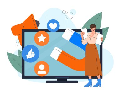Sosyal medya izleyicilerini arttır. Bilgisayarın yanında mıknatısı olan bir kadın. Reklam ve pazarlama, sosyal ağlarda promosyon. Pazarlamacı ve SMM uzmanı. Düz vektör illüstrasyonu