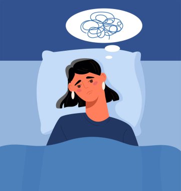 Uykusuzluk çeken bir kadın. Üzgün genç kız yatakta yatıyor. Zihinsel ve psikolojik sorunlar. Uyku bozukluğu ve melatonin eksikliği olan biri. Depresyon ve yorgunluk. Düz vektör illüstrasyonu