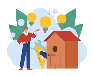 İnsan besleyici. Kuşlar için ahşap standın yanındaki genç adam. Nezaket ve gönüllülük. Boş zaman, hobi ve aktivite. Ahşap işçiliği ve ahşap işleme. Düz vektör illüstrasyonu