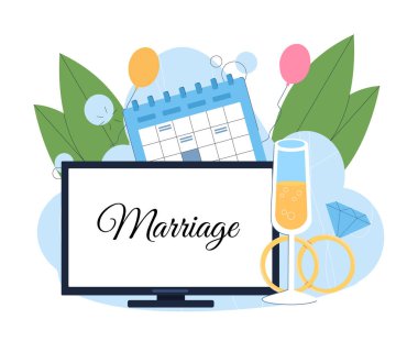 Düğün organizasyonu. Alkollü içecekler ve pırlantalı yüzükler. Evlilik planlama. Tatil ve festival. Parti ya da etkinlik yönetimi. Düz vektör illüstrasyonu