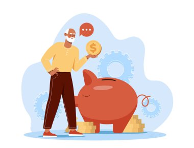 Kumbarası olan bir emekli. Kumbaranın yanında altın paraları olan yaşlı bir adam. Finansal okuryazarlık ve pasif gelir. Tasarruf ve emekli maaşı. Paralı son sınıf öğrencisi. Düz vektör illüstrasyonu
