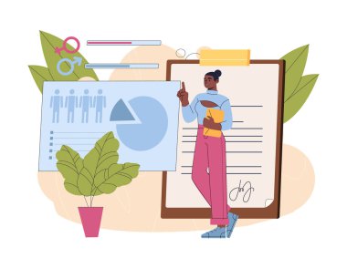 Nüfus sayımı kavramı. Nüfus bilgisi olan bir kadın. Siyaset bilimci ve sosyolog nüfusu inceliyor. Bilimsel araştırma. Düz vektör illüstrasyonu