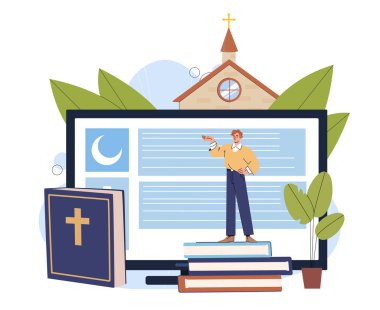 Din eğitimi. İncil ve şapelin yanında yığınla kitabı olan adam. Din, inanç ve inanç. Hıristiyanlık, Ortodoksluk, Katoliklik ve Protestanlık. Düz vektör illüstrasyonu