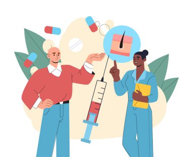 Kelliğin tedavisi için. Kel adamın yanında şırıngalı bir kadın. Sağlık ve tedavi hizmetleri. Hormonal problemler için tedaviler. Tıbbi bilgi grafikleri. Düz vektör illüstrasyonu