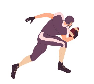 Amerikan futbol sahnesi. Erkekler ellerinde topla koşar. Stadyumdaki oyun kurucu. Takım sporları, yarışma ve turnuva. Düz vektör çizimi beyaz arkaplanda izole edildi