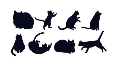 Kedi gölgesi belirlendi. Çeşitli pozisyonlardaki kedi yavrularının siluetleri. Evcil hayvanlar ve evcil hayvanlar. Web sitesi için grafiksel öğeler. Düz vektör koleksiyonu beyaz arkaplanda izole edildi