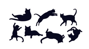 Kedi gölgesi belirlendi. Çeşitli pozisyonlardaki kedi yavrularının siluetleri. Sevimli hayvanlar ya da evcil hayvanlar. Hayvanlar ve vahşi yaşam. Şablon ve düzen. Düz vektör koleksiyonu beyaz arkaplanda izole edildi