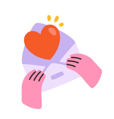 Eller zarfı kalple tutsun. Kırmızı kalpli bir mesaj. Sevgililer Günü. Aşk ve tutku. Uzaktan iletişim, romantik yazışmalar. Düz vektör çizimi beyaz arkaplanda izole edildi