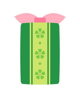 Kore hediye kutusu. Pembe fiyonklu yeşil hediye kutusu. Tatil ve kutlama. Sürpriz ve hatıra. Asya kültürü ve geleneği. Şablon ve düzen. Düz vektör çizimi beyaz arkaplanda izole edildi