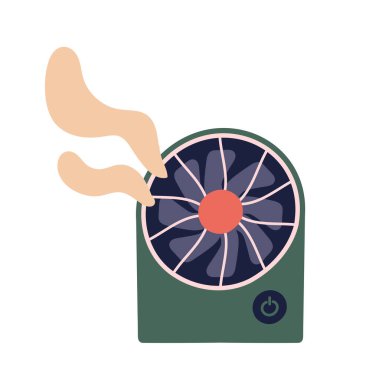 Modern taşınabilir fan. Yaz sıcağı için bir cihaz. Kan dolaşımı ve havalandırma. Soğutucu ve klima. Web sitesi afişi ya da afişi. Düz vektör çizimi beyaz arkaplanda izole edildi