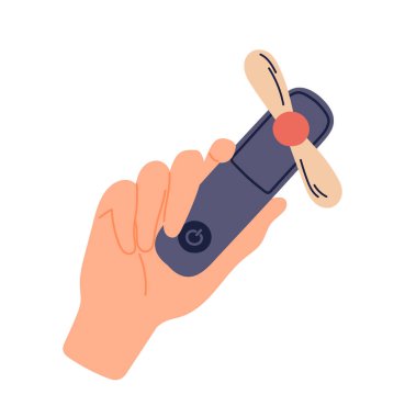 Modern taşınabilir fan. Taşınabilir soğutuculu ve kremli bir el. Yaz mevsimi sıcağı. Havalandırma ve dolaşım. Şablon ve düzen. Düz vektör çizimi beyaz arkaplanda izole edildi