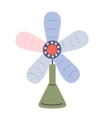 Modern taşınabilir fan. Masa soğutucusu ve saç kremi. Yaz mevsimi sıcağı. Sıcak havalarda rahat. Soğutma ve havalandırma. Düz vektör çizimi beyaz arkaplanda izole edildi