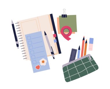 Kırtasiye malzemeleri üst görünümde. Defter, kalem, silgi ve silgi için yüksek açı görüntüsü. Okul ya da ofis kağıtlarıyla çalışma alanı. Düz vektör çizimi beyaz arkaplanda izole edildi