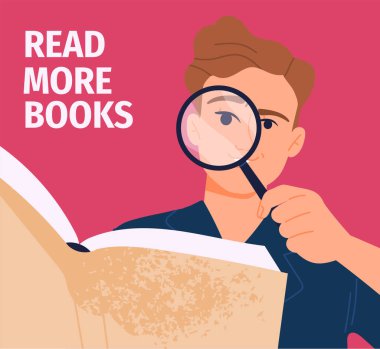 Okuma konsepti aşkı. Büyüteci olan adam kitap okuyor. Eğitim ve eğitim, öğrenme. Web sitesi için grafik ögesi. Bilgi ve bilgelik. Düz vektör illüstrasyonu