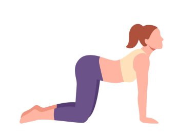 Yoga pozu renk simgesi. Spor üniformalı kadın esniyor. Kedi pozu vermiş genç bir kız. Spor eğitimi. Hobi ve boş zaman. Düz vektör çizimi beyaz arkaplanda izole edildi