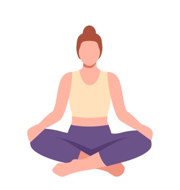 Yoga pozu renk simgesi. Spor üniformalı kadın esniyor. Lotus pozisyonunda genç bir kız. Hobi ve boş zaman. Sporcu ve sporcu. Düz vektör çizimi beyaz arkaplanda izole edildi