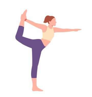 Yoga pozu renk simgesi. Spor üniformalı kadın esniyor. Asya 'daki genç kız. Fitness, egzersiz ve aktif yaşam tarzı. Sosyal medya etiketi. Düz vektör çizimi beyaz arkaplanda izole edildi