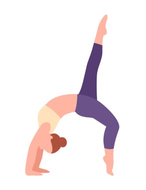 Yoga pozu renk simgesi. Sporcu kadın ya da sporcu esneme hareketleri. Asya 'daki genç kız. Spor ve egzersiz, antrenman, esneme. Poster ya da afiş. Düz vektör çizimi beyaz arkaplanda izole edildi