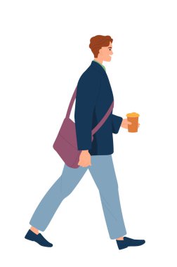 İş adamı yürüyor. Gülümseyen erkek ofis çalışanı ya da elinde kahve olan ve iş toplantısına giden girişimcinin yan görüntüsü. Düz vektör çizimi arkaplanda izole edildi