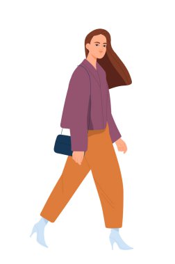 İş adamı yürüyor. Tarz sahibi bayan girişimci ya da ofis çalışanı işe yürürken ya da iş toplantısına koşarken yan görünüm. Şirket çalışanı. Düz vektör çizimi arkaplanda izole edildi
