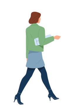 İş adamı yürüyor. Şık bir iş elbisesi içindeki kadın girişimcinin yan görünüşü. Ofis çalışanı ya da çalışanı işe gider ya da ortaklarıyla buluşur. Düz vektör çizimi arkaplanda izole edildi