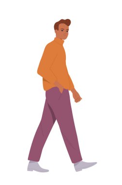 İş adamı yürüyor. Mutlu gülümseyen adamın ofise gelişinin yan görüntüsü. Girişimci ya da şirket çalışanı konferansa gitmek için acele ediyor. Düz vektör çizimi arkaplanda izole edildi