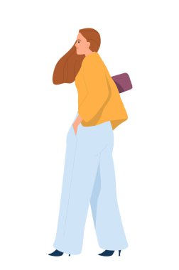 İş adamı yürüyor. İş kadınının ofiste çalışmasına ya da iş ortaklarıyla görüşmesine yandan bakmak. Şirket çalışanı ya da girişimcisi. Düz vektör çizimi arkaplanda izole edildi