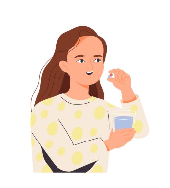 İnsan hap alır. Gülümseyen genç kız bir bardak su tutuyor ve hastalığı tedavi etmek için ilaç yiyor. Çocuk hastalıkları önlemek için vitamin alıyor. Düz vektör çizimi arkaplanda izole edildi