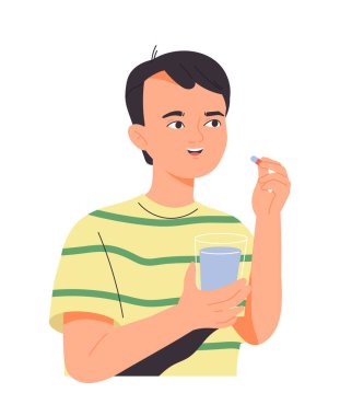İnsan hap alır. Küçük çocuk hastalıkların tedavisi ve önlenmesi için vitamin ya da ilaç alıyor. Eczane ve ilaç. Hastalık için tedavi. Düz vektör çizimi arkaplanda izole edildi