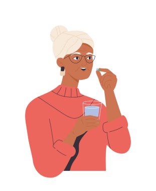 İnsan hap alır. Bir bardak su tutan ve hastalık için ilaç alan gülümseyen yaşlı bir kadın. Büyükannem ağrı kesici alıyor. Eczane ve tedavi. Düz vektör çizimi arkaplanda izole edildi