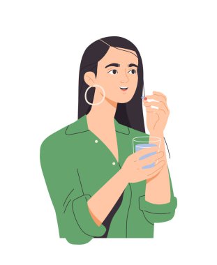 İnsan hap alır. Gülümseyen kadın elinde bir bardak su tutuyor ve tedavi için vitamin alıyor ya da hastalıkların önlenmesi için. Eczane ve ilaç. Düz vektör çizimi arkaplanda izole edildi