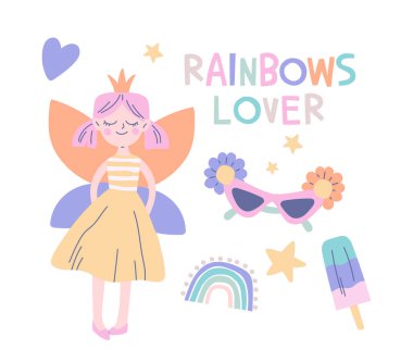 Tatlı pastel karalamalar. Kanatlı peri, gökkuşağı ve dondurma desenli el yazmaları. Fantezi Dünyası 'nın Sihirli Elementleri. Düz vektör illüstrasyon koleksiyonu arkaplanda izole