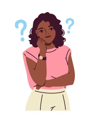 Düşünceli bir insan. Düşünceleri ve şüpheleri olan kararsız bir kadın. Kafası karışmış genç bir bayan soru işaretleriyle çevrili. Sorun çözme. Düz vektör çizimi arkaplanda izole edildi