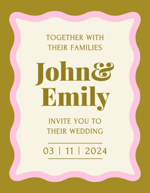 Retro davetiye kartı. Dalgalı çerçeveli ya da deniz taraklı klasik düğün davetiyesi şablonu. Moda bir kartpostal. Bayram veya etkinliği kutlamak için tasarım öğesi. Düz vektör illüstrasyonu