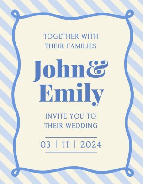 Retro davetiye kartı. Parlak çizgili klasik düğün davetiyesi şablonu, dalgalı çerçeve ve metin. Moda Parti Kartı. Bayram veya etkinliği kutlamak için tasarım öğesi. Düz vektör illüstrasyonu