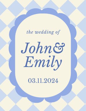 Retro davetiye kartı. Geometrik kareli desenli ve dalgalı çerçeveli modaya uygun düğün davetiyesi mektubu. Bayram veya etkinliği kutlamak için tasarım öğesi. Düz vektör illüstrasyonu