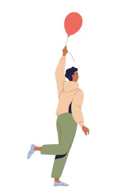 Balonlarla uçan mutlu insan. Mutlu adam rüyalarına ve fantezilerine helyum balonuyla gider. Tasasız Karakter. Özgürlük ve neşe kavramı. Düz vektör çizimi arkaplanda izole edildi