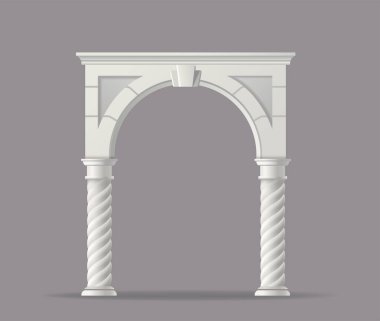 Ortaçağ mermer kemeri. Doğal taştan sütunları ve sütunları olan antik bir kale kapısı. Geleneksel antik Yunan ve Roma mimarisi. Gerçekçi 3B vektör çizimi arkaplanda izole edildi