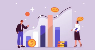 İş büyümesi. Girişimcilerin finansal başarı elde etmek için para yatırdığı afişler. Şirket geliştirme stratejisi. Çizelgelerin yanında çalışan bir ekip. Çizgi film biçimi grafik animasyon klibi