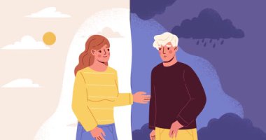 Arkadaşının psikolojik yardımı. Depresyondaki ve endişeli bir adama tavsiye ve destek veren bir kadınla birlikte afiş taşımak. Zihinsel sorunları ve rahatsızlıkları çözmek. Çizgi film biçimi grafik animasyon video klibi