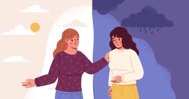 Arkadaşının psikolojik yardımı. Depresyonlu, kötü ruh halinde ve üzgün bir kızı destekleyen bir bayrak. Zihinsel sorunlara çözüm bulmak ve tavsiyelerde bulunmak. Çizgi film stili grafik canlandırmalı video