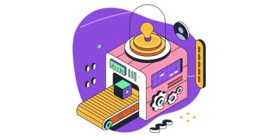 Yaratıcı süreç izometrik konsept. Fabrika pankartı, makine mühendisliği ve ampullü taşıyıcı. İş ve girişim için fikir üretme metaforu. 3B biçim grafik canlandırmalı video