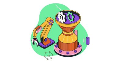 Yaratıcı süreç izometrik konsept. İşletme ve girişim için fikir üretmek amacıyla fabrikada robotik kol, huni ve ekipman taşıyıcı pankart. Ürün Geliştirme. 3B biçim grafik canlandırmalı video